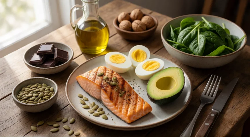 como aumentar mi testosterona, Comida saludable con salmón, aguacate, semillas de calabaza y aceite de oliva para la testosterona