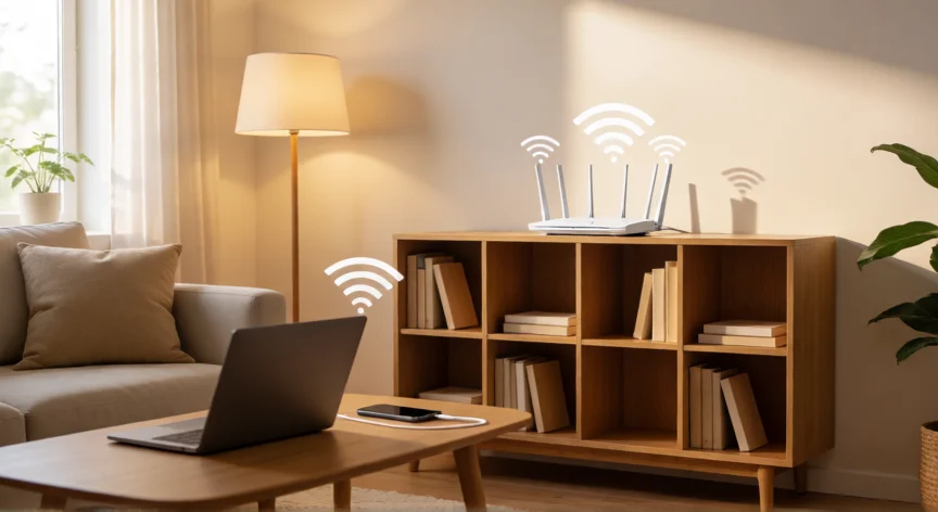 Router WiFi colocado en el centro del salón sobre una estantería para maximizar la cobertura