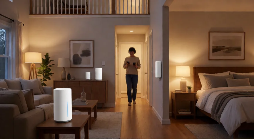 como aumentar mi wifi, Sistema mesh WiFi con tres nodos distribuidos en una vivienda de dos plantas