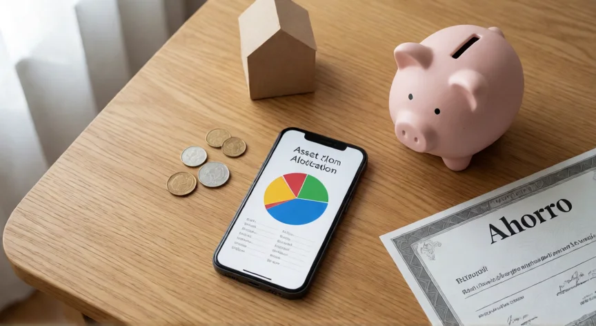 como aumentar mis activos, Vista cenital de herramientas de planificación financiera: teléfono, cerdito y certificado
