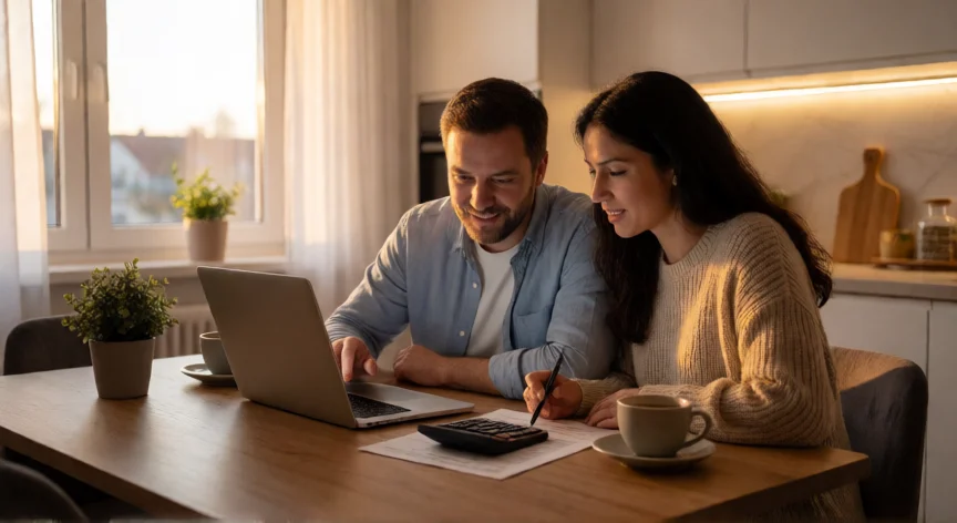 como aumentar mis ahorros, Pareja revisando su presupuesto mensual en casa con portapapeles y calculadora