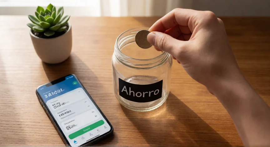 como aumentar mis ahorros, Mano guardando una moneda en un bote de cristal etiquetado Ahorro sobre un escritorio