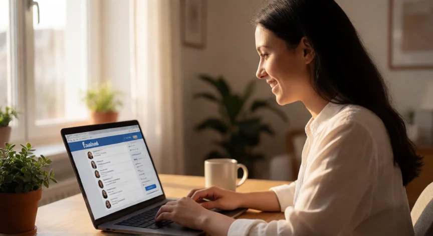 como aumentar mis amigos en facebook, Mujer sonriendo frente a su portátil viendo notificaciones de solicitudes de amistad en Facebook