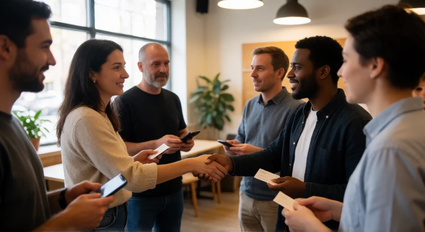 como aumentar mis amigos en facebook, Grupo de personas conectándose en un evento de networking profesional