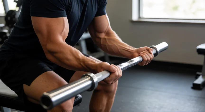 como aumentar mis antebrazos, Hombre realizando wrist curls con barra EZ apoyando los antebrazos en el muslo