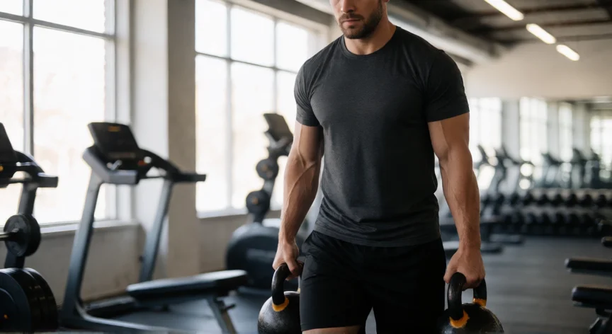 como aumentar mis antebrazos, Hombre realizando farmer's walk con kettlebells pesadas en un gimnasio
