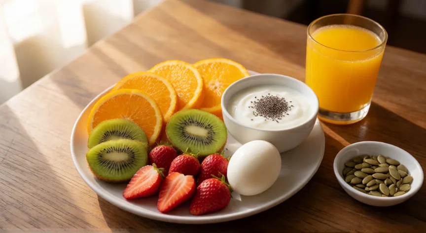 Desayuno rico en vitamina C, zinc y proteína para apoyar la producción de anticuerpos