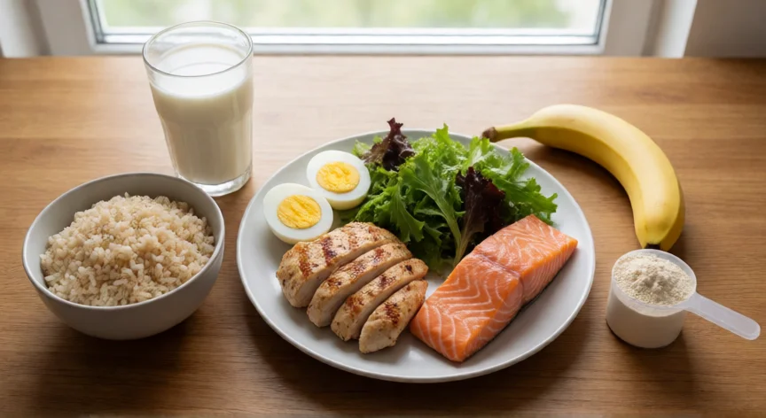 como aumentar mis biceps, Comida rica en proteínas: pollo, salmón, huevos, arroz y proteína para el crecimiento muscular