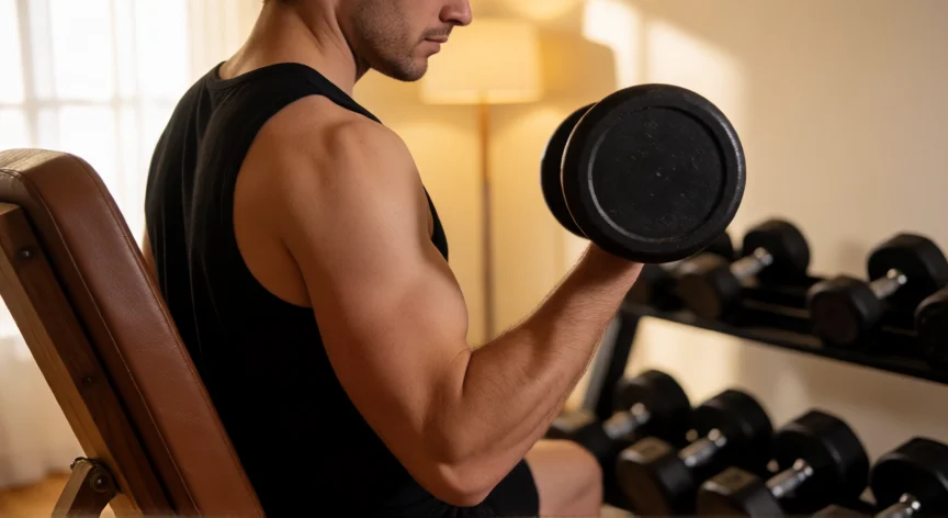 como aumentar mis brazos, Hombre haciendo curl con mancuernas en el gimnasio mostrando la contracción del bíceps