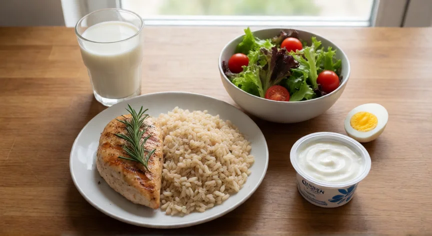 como aumentar mis brazos, Plato completo con pollo a la plancha, arroz integral, ensalada y fuentes de proteína para ganar músculo