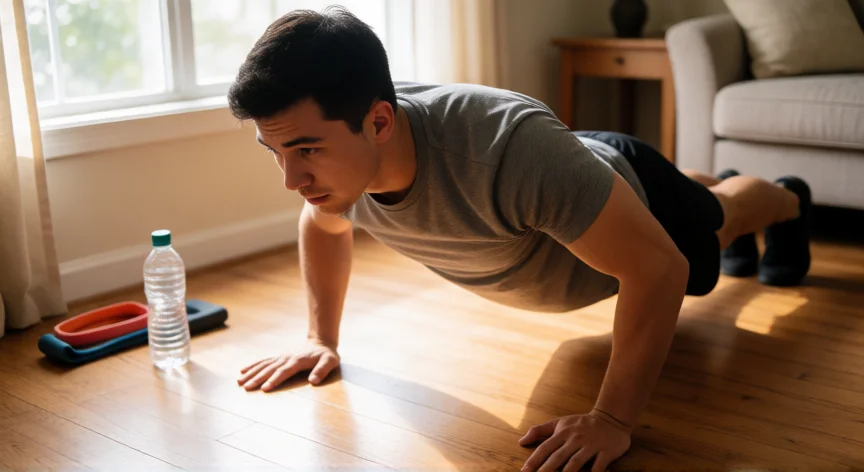 como aumentar mis brazos rapido en casa, Hombre haciendo flexiones diamante en el suelo de su salón como parte de rutina casera