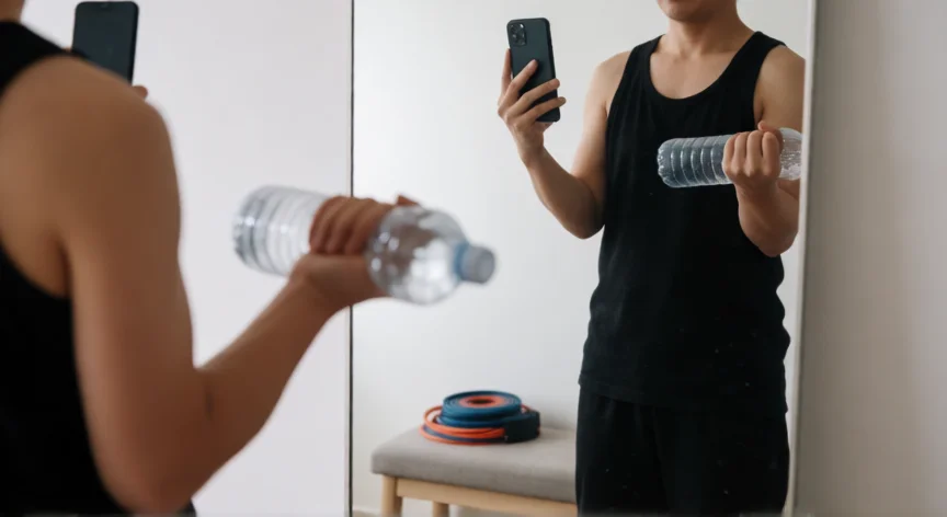 como aumentar mis brazos rapido en casa, Persona haciendo curl con botella de agua frente al espejo en casa
