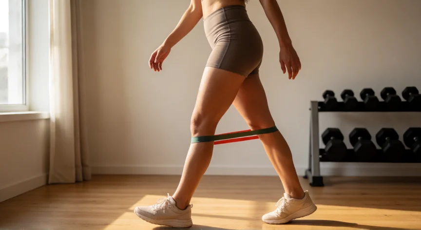 como aumentar mis caderas, Mujer haciendo paseo lateral con banda elástica para fortalecer caderas y glúteo medio