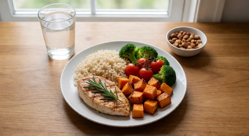 como aumentar mis caderas y glúteos, Comida equilibrada con proteína, carbohidratos y verduras para hipertrofia muscular