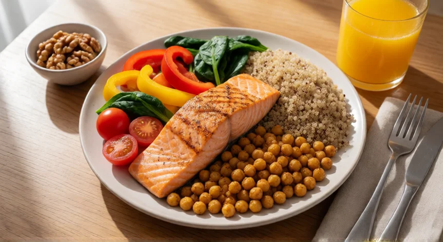 como aumentar mis cd4, Plato equilibrado con proteínas, vitaminas y minerales para fortalecer el sistema inmune