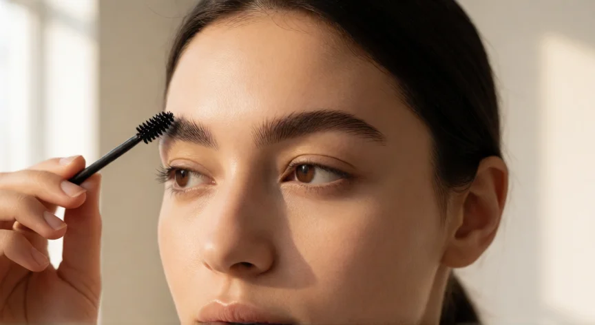 como aumentar mis cejas, Mujer aplicando aceite de ricino en sus cejas con un pincel