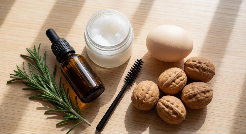 como aumentar mis cejas, Ingredientes naturales para el crecimiento de cejas dispuestos sobre madera