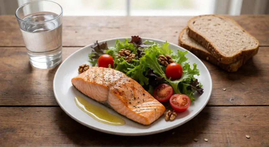 como aumentar mis celulas madre, Comida saludable mediterránea con salmón, verduras y frutos secos en una tabla de madera