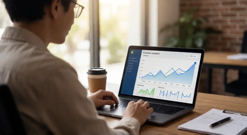 como aumentar mis clientes, Empresario analizando el crecimiento de clientes en su panel de métricas digitales