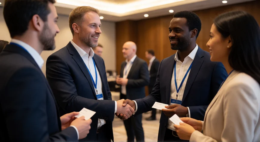 como aumentar mis clientes, Profesionales haciendo networking en un evento del sector para captar nuevos clientes