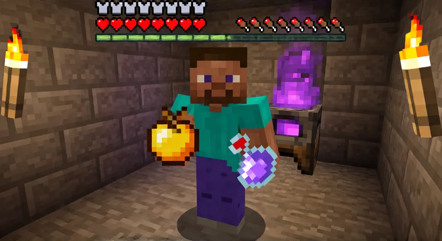 como aumentar mis corazones en minecraft, Jugador de Minecraft con corazones llenos sosteniendo manzana dorada y poción de curación