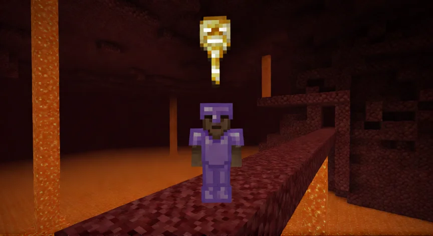 como aumentar mis corazones en minecraft, Jugador con armadura encantada y tótem de inmortalidad en fortaleza del Nether