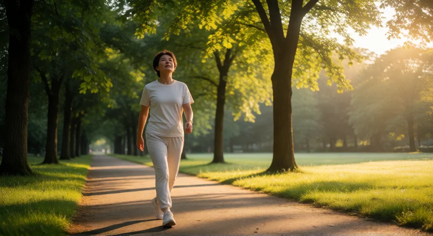 como aumentar mis defensas, Persona caminando al aire libre por un parque en la mañana, ejercicio moderado para activar la circulación linfática