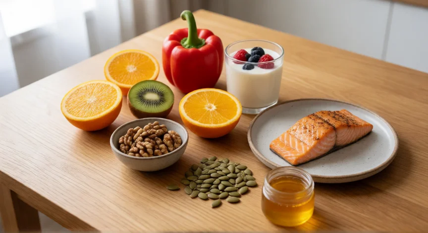 como aumentar mis defensas bajas, Mesa con alimentos ricos en vitamina C, zinc y omega-3 para fortalecer el sistema inmune