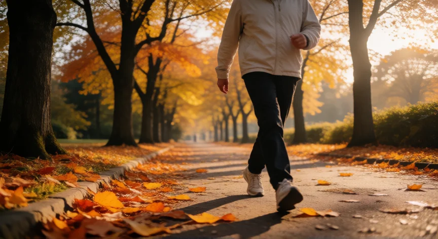 como aumentar mis defensas contra la gripe, Caminata moderada al aire libre en un parque otoñal para fortalecer defensas