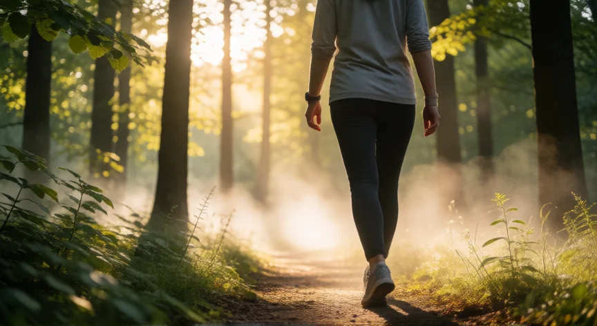 como aumentar mis defensas de forma natural, Persona caminando por un bosque soleado en la mañana, ejercicio al aire libre para reducir estrés