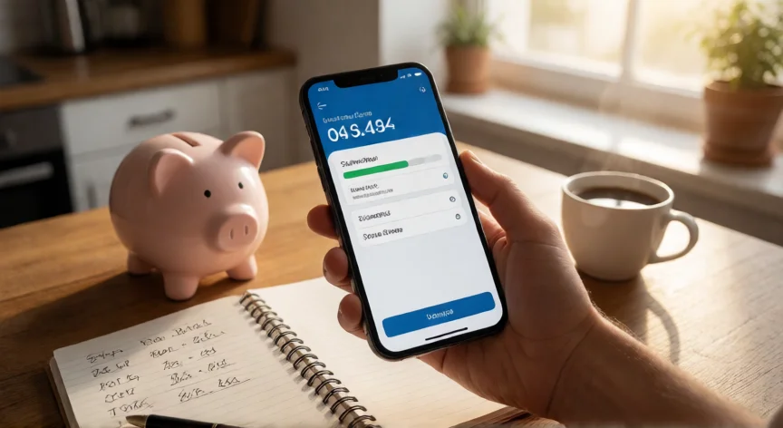 como aumentar mis depositos en banco azteca, Vista superior de una persona revisando su app de ahorro de Banco Azteca junto a un presupuesto escrito a mano