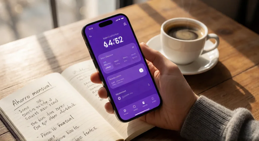 como aumentar mis depositos en nu, Persona usando la app de Nu en su móvil sobre un escritorio con apuntes de ahorro