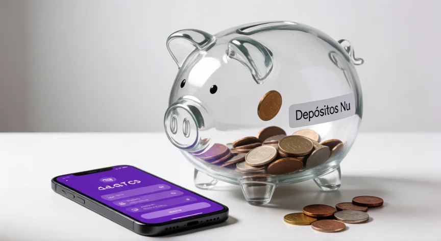 como aumentar mis depositos en nu, Cerdito de ahorros de cristal con monedas y teléfono mostrando app bancaria púrpura