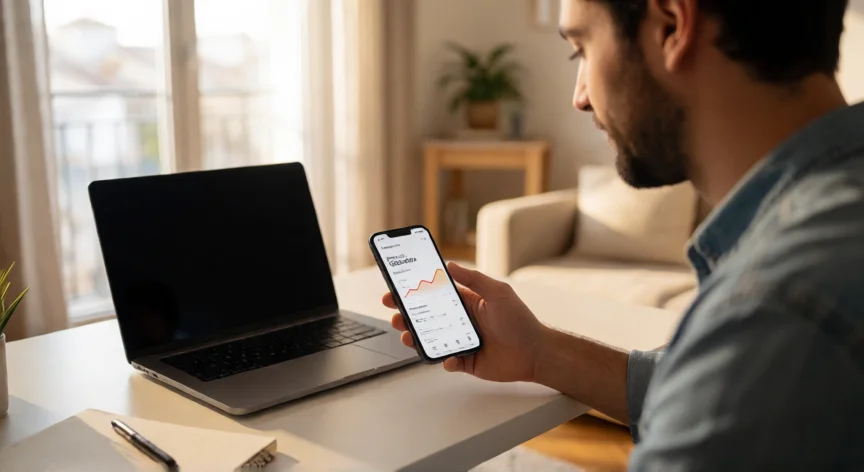 como aumentar mis depositos en openbank, Persona revisando su app de banca móvil OpenBank en casa