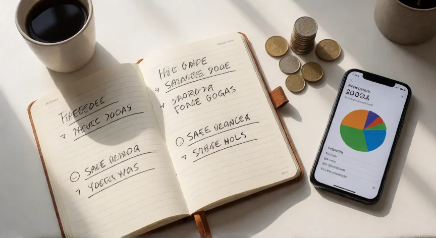 como aumentar mis depositos en openbank, Cuaderno de ahorro con metas y móvil mostrando repartición de gastos
