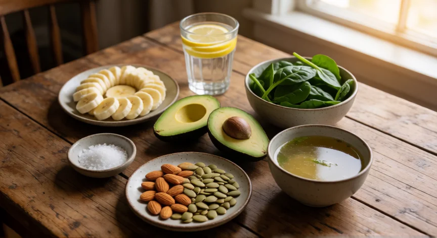 como aumentar mis electrolitos, Mesa con alimentos ricos en electrolitos: plátano, aguacate, espinacas, frutos secos y agua con limón