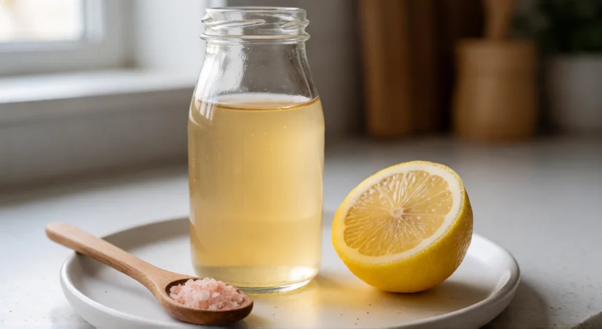 como aumentar mis electrolitos, Bebida isotónica casera con sal de himalaya y limón sobre encimera de cocina