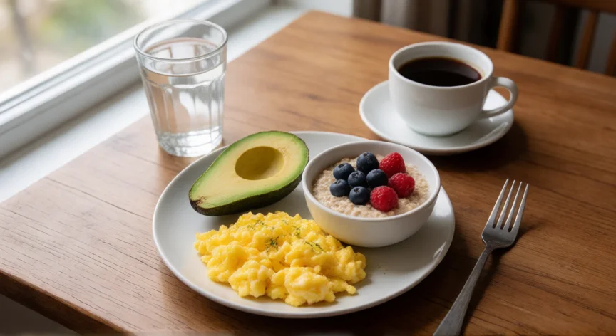 como aumentar mis energias, Desayuno equilibrado con huevos, aguacate, avena con frutos rojos y café