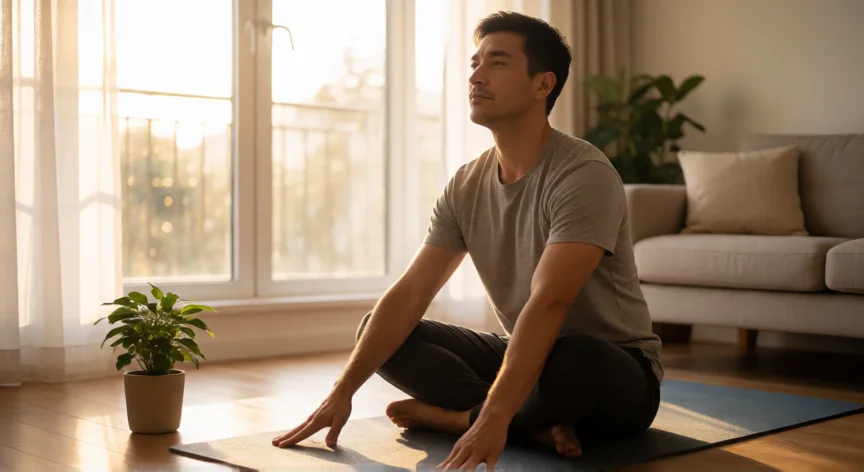 como aumentar mis espermatozoides, Hombre practicando yoga suave en casa para reducir el estrés y mejorar la fertilidad