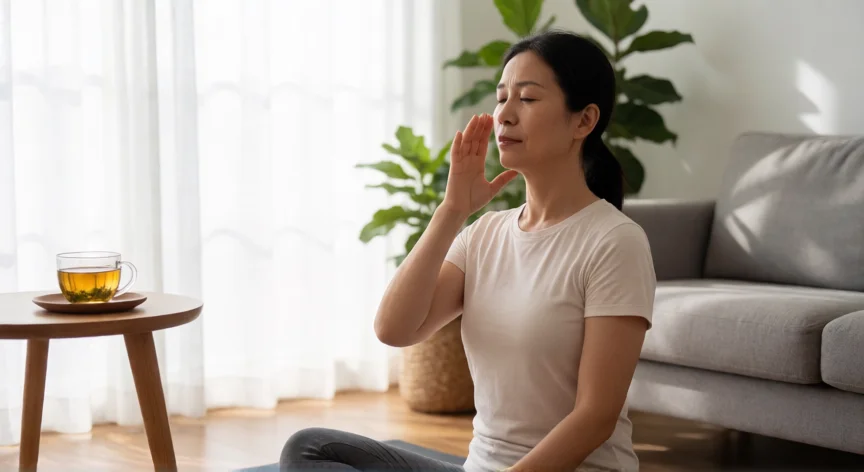 como aumentar mis estrogenos, Mujer practicando respiración y yoga para reducir cortisol y equilibrar hormonas