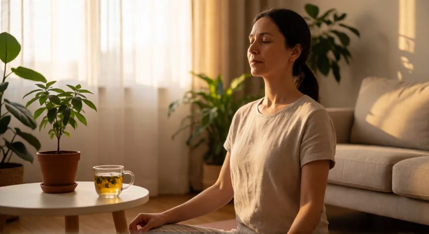 como aumentar mis estrogenos y progesterona, Mujer practicando yoga para reducir el estrés y favorecer la producción natural de progesterona