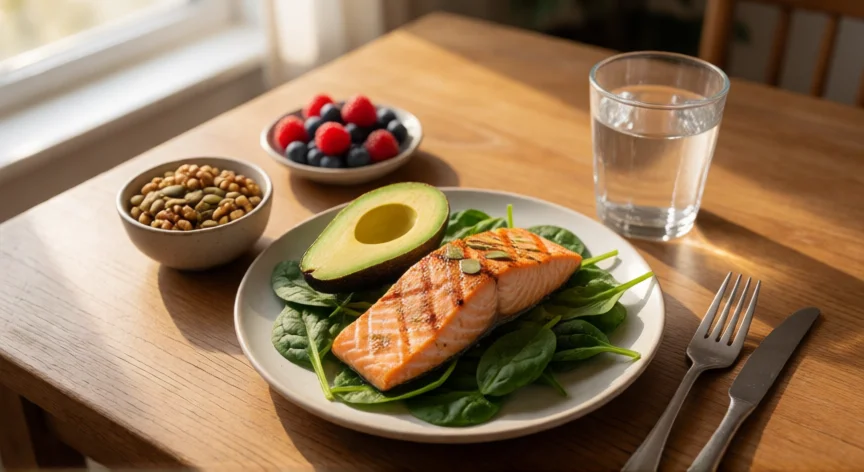 como aumentar mis feromonas femeninas, Comida saludable con salmón, aguacate y frutos secos para apoyar el equilibrio hormonal femenino