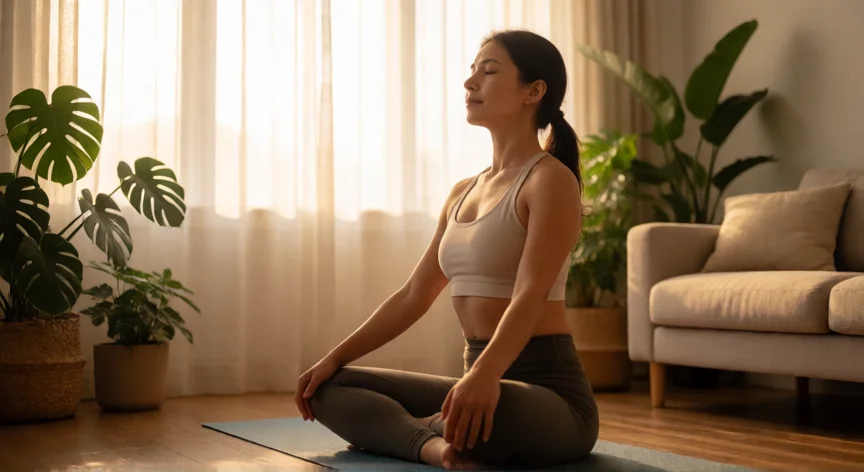 como aumentar mis feromonas femeninas, Mujer practicando yoga en un salón luminoso para reducir el estrés y equilibrar hormonas