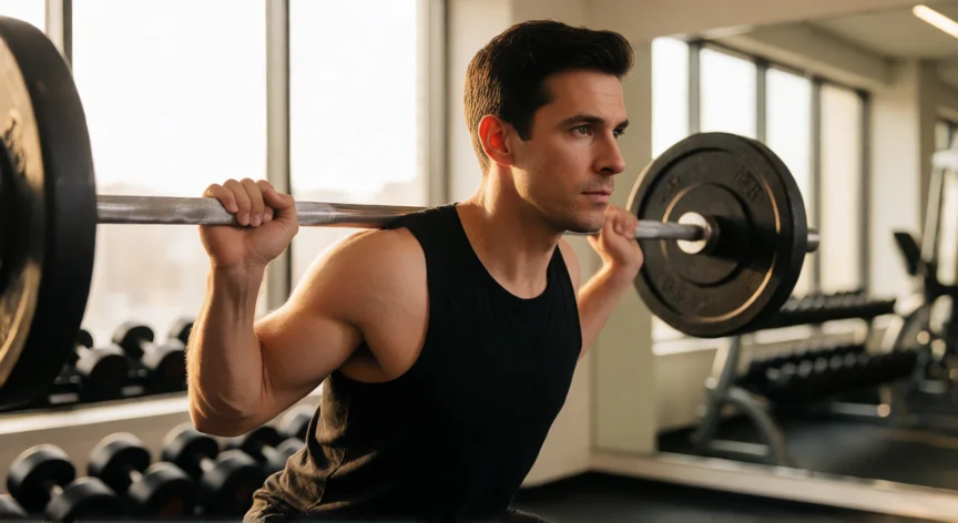 Hombre haciendo sentadillas con barra en un gimnasio moderno