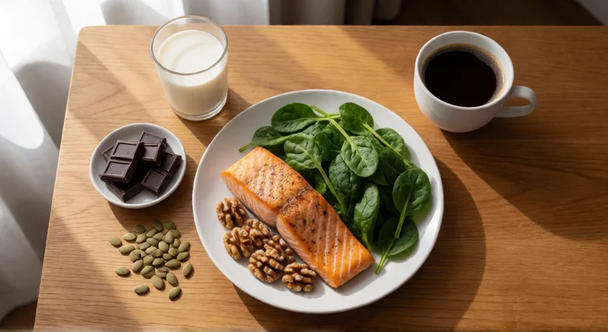 como aumentar mis feromonas masculinas, Desayuno saludable con salmón, espinacas, nueces y semillas de calabaza