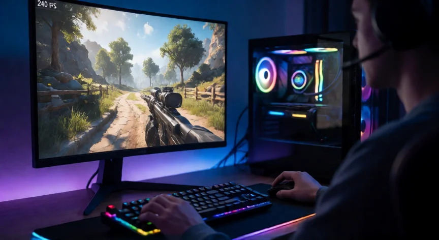 como aumentar mis fps, Jugador en su setup con monitor mostrando 240 FPS y torre de PC con iluminación RGB