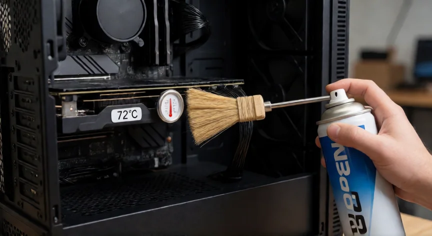 como aumentar mis fps, Limpieza de polvo en la GPU de un PC de sobremesa con aire comprimido para mejorar la refrigeración