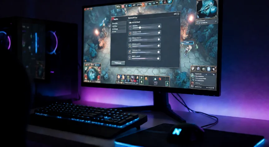 como aumentar mis fps en dota 2, Pantalla con el menú de ajustes de vídeo de Dota 2 abierto sobre un escritorio de gaming con iluminación RGB