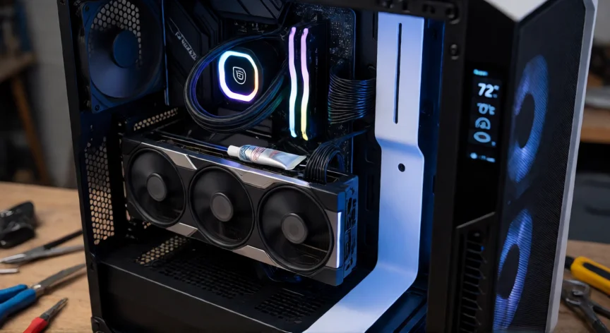 como aumentar mis fps en dota 2, Interior de una torre de PC gaming con GPU y disipador visibles, mostrando control de temperaturas y limpieza
