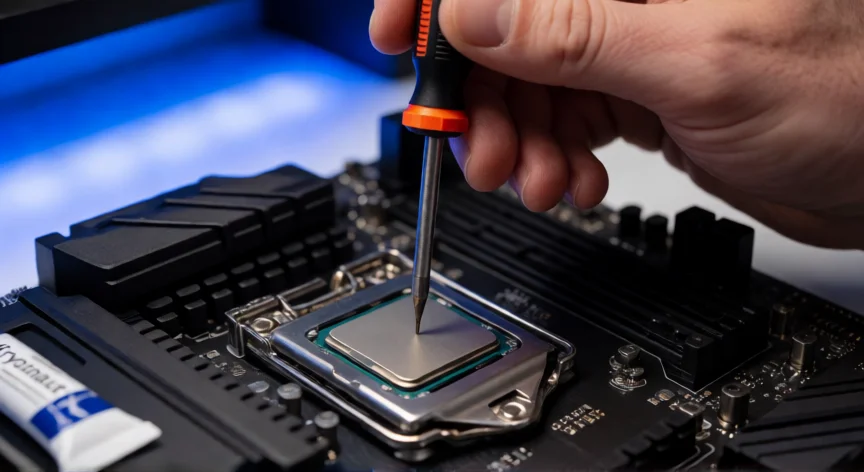 como aumentar mis fps en fortnite, Manos aplicando pasta térmica en un procesador para mejorar la refrigeración y rendimiento